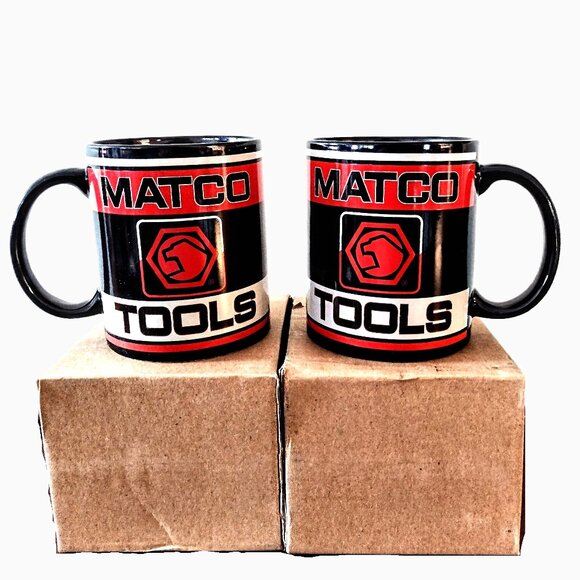 MATCO Tools ~ Set 2 Ceramic Mugs ~ Black w/Orange-Red & White Design ~ NEW w/Box - Picture 1 of 5